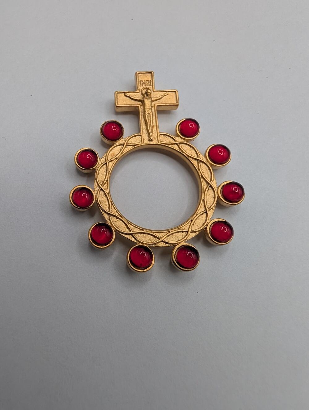 Vintage Gold Tone Metal Rosary Ring with Red Cabochon Beads - Pocket Prayer
